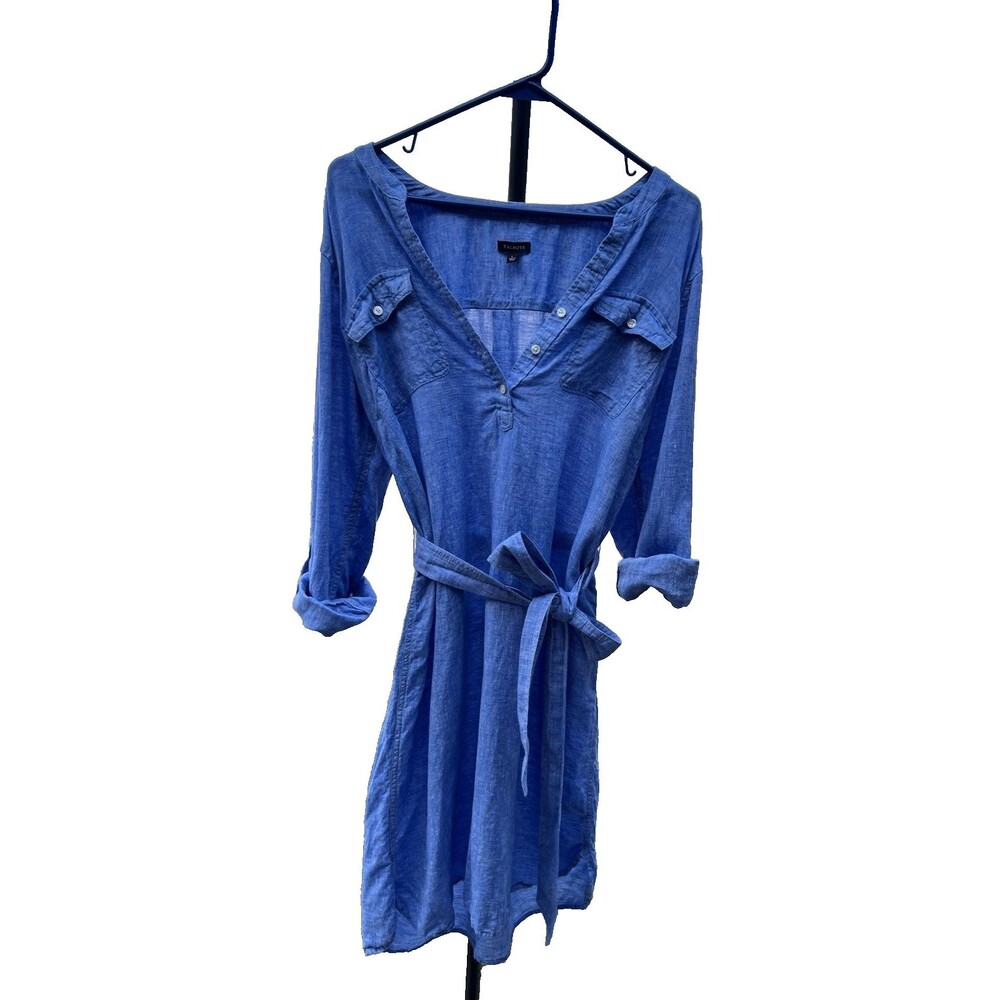 Talbots Blue Long Sleeved Roll Tab Linen Shirt Dress EUC